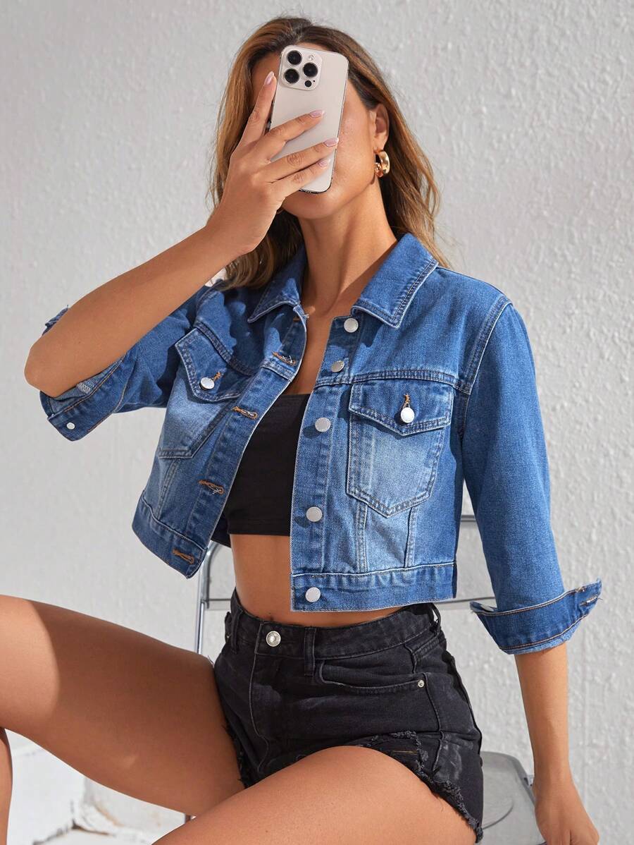 SHEIN Frenchy Flap Pocket Crop Denim Jacket - Medium Wash - View 1