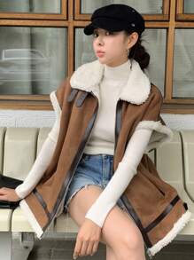 DAZY Contrast Trim Borg Collar Batwing Sleeve Teddy Lined Zipper Vest Jacket,Thermal Lined - Coffee Brown - View 5