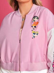THE POWERPUFF GIRLS X SHEIN 大碼字母和卡通圖案落肩袖雙色飛行員夾克 - 淺粉色 - 查看 4