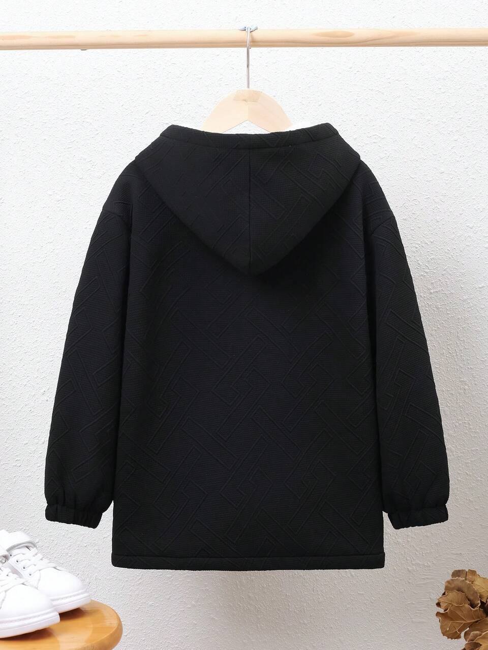 Tween Boy Loose Fit Casual Plush Hooded Black Coat