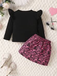Baby Girl Heart & Letter Graphic Ruffle Trim Tee & Zebra Striped Print Skirt - Black - View 2