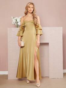 SHEIN Belle 挖肩荷葉邊高衩洋裝 - 棕色 - 查看 7