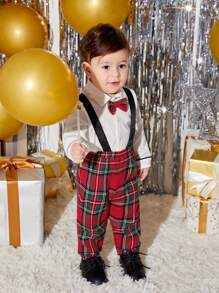SHEIN Baby Boy Tartan Print Bow Front Shirt & Suspender Pants, For Christmas Autumn Winter Clothes FGirlmen - Multicolor - View 12