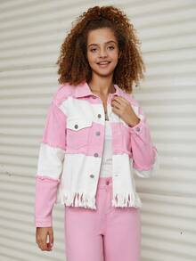 Teen Girl Two Tone Fringe Trim Drop Shoulder Denim Jacket - Multicolor - View 4