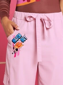 THE POWERPUFF GIRLS X SHEIN 字母圖案側翻蓋口袋工裝褲 - 粉色 - 查看 7