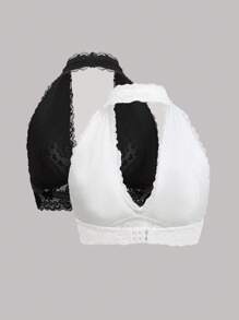SHEIN 2 Packs Floral Lace Halter Bra Set Lingerie - Black and White - View 8