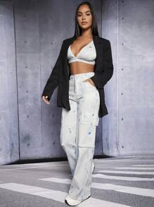 SHEIN PETITE 紮染翻蓋口袋工裝牛仔褲 - 淺色水洗藍 - 查看 5