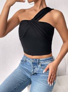 SHEIN Privé 單肩前扭結短款上衣 - 黑色 - 查看 5