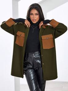 Eilly Bazar 拼色翻蓋口袋垂墜肩大衣 - 彩色 - 查看 6