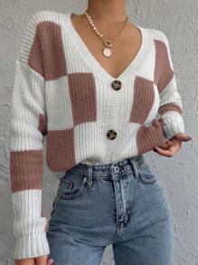 EURMUSE Checker Pattern Drop Shoulder Cardigan - trắng - Xem 1