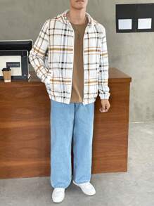 Manfinity VCAY 1pc Loose Fit Men Plaid Print Zip Up Hooded Jacket - Multicolor - View 4