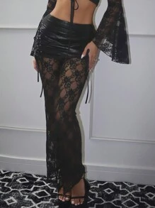 SHEINNeu Lace Up Front Split Hem Lace Pants - Black - View 4