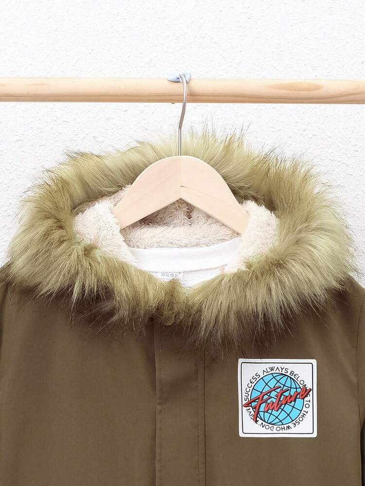 Tween Boy Letter Graphic Fuzzy Trim Hooded Thermal Lined Coat Without Tee