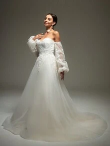 Off Shoulder Detachable Lantern Sleeve Mesh Wedding Dress - Beige - View 6