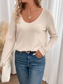 SHEIN Frenchy Contrast Lace Waffle Knit Tee Winter Casual