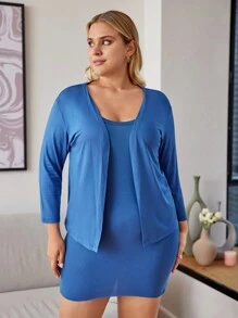 RueChic Plus Solid Bodycon Dress & Open Front Coat - Blue - View 5