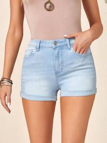 SHEIN Roll Up Hem Denim Shorts - Light Wash - View 5
