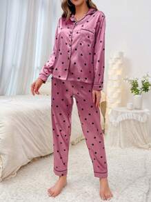 Heart Print Contrast Piping Satin PJ Set / Pajama Set, Fall Clothes Cozy And Elegant Details, Winter - Pink - View 5
