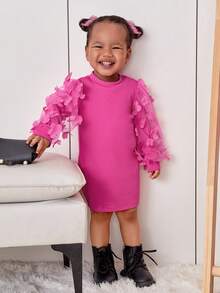 SHEIN 女嬰貼花網紗拼接燈籠袖洋裝 - 玫紅色 - 查看 6