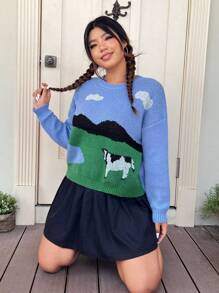 SHEIN EZwear Hơn Hình con bò Thả vai Áo len - Nhiều màu - Xem 1