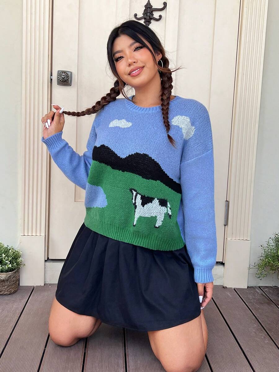 SHEIN EZwear Hơn Hình con bò Thả vai Áo len - Nhiều màu - Xem 1