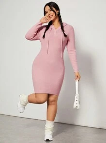 SHEIN EZwear Hơn Nút phía trước Dây rút áo có mũ Đầm Áo len - Bụi hồng - Xem 3