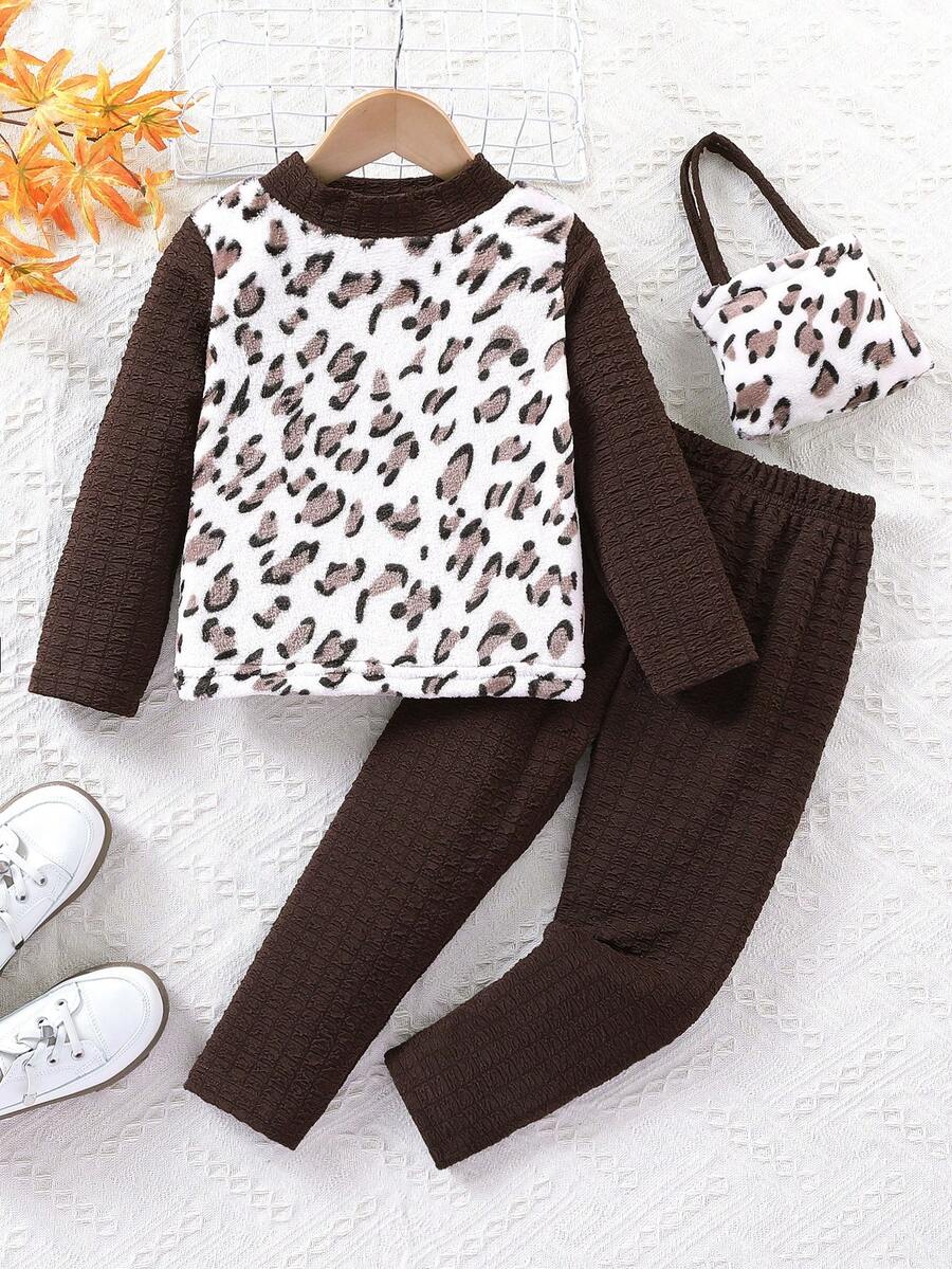 SHEIN Young Girl Leopard Pattern Tee & Pants & Bag - Coffee Brown - View 1