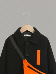 SHEIN Tween Boy Button Up Coat & Bag Without Sweater - Black - View 3