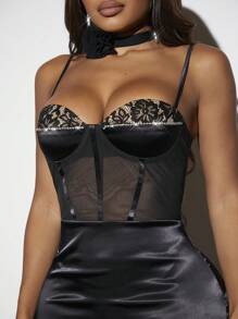 SHEIN SXY Contrast Mesh Split Thigh Bustier Satin Cami Dress - Black - View 5