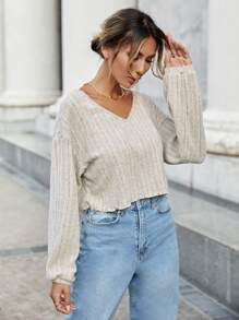 SHEIN Essnce V領落肩袖條紋針織短款T恤 - 米色 - 查看 3