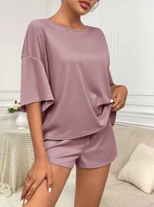 Áo thun Thả vai & Tie Trước Quần short Bộ giản dị - Bụi hồng - Xem 4