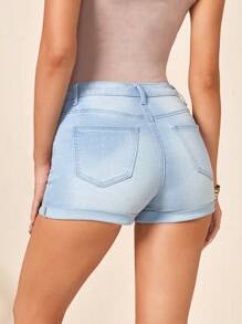 SHEIN Roll Up Hem Denim Shorts - Light Wash - View 2