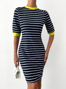 SHEIN Cottnline Striped Contrast Binding Dress - Navy Blue - View 1