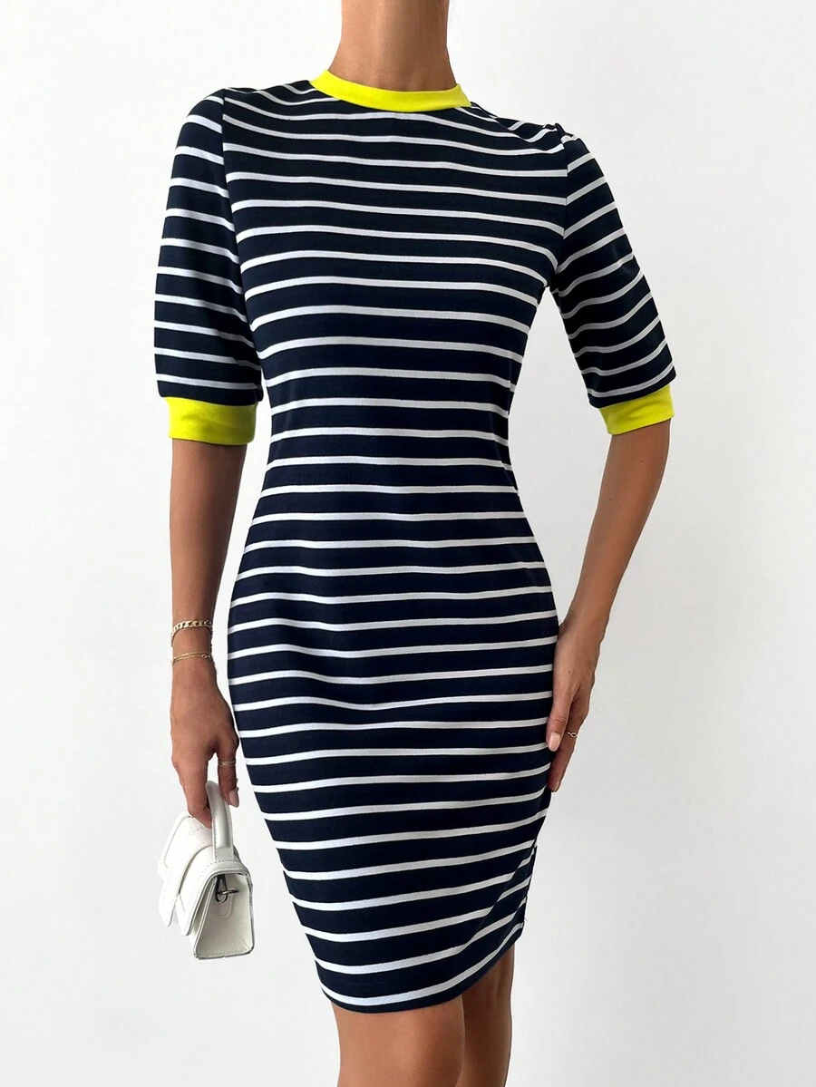 SHEIN Cottnline Striped Contrast Binding Dress - Navy Blue - View 1
