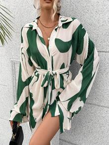 SHEIN LUNE Graphic Print Belted Shirt Dress - Multicolor - View 4