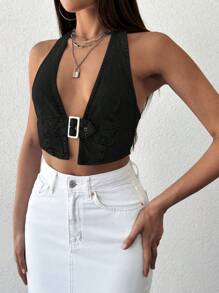 RueChic Buckle Detail Backless Crop Halter Neck Denim Top - Black - View 5