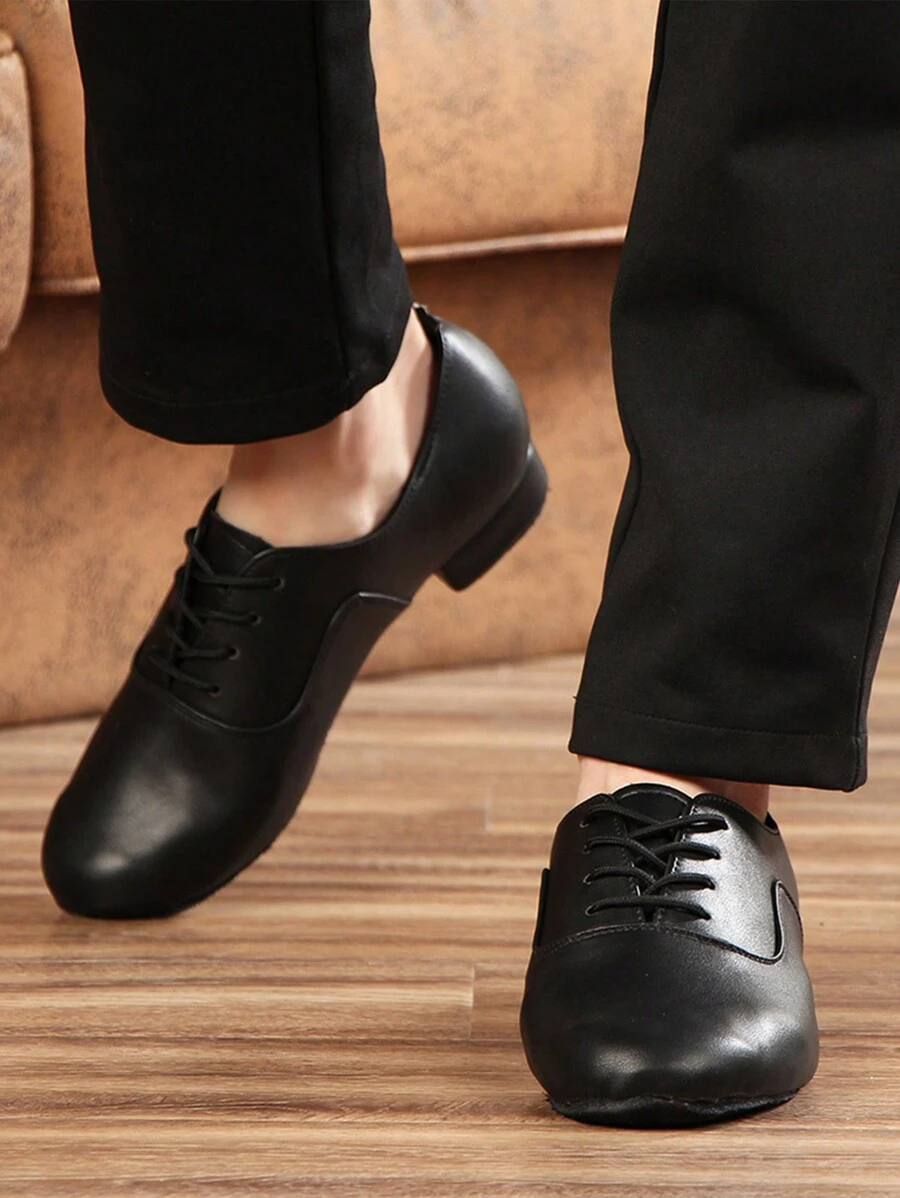黑色男士拉丁舞鞋皮革舞廳現代探戈舞鞋男童系帶教師運動鞋跟高2cm - 黑色 - 查看 1