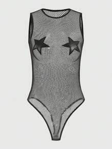 ROMWE Grunge Punk Star Print Fishnet Teddy Bodysuit Lingerie - Black - View 1