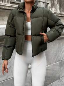 RueChic Slant Pocket Zip Up Puffer Coat - Dark Green - View 3