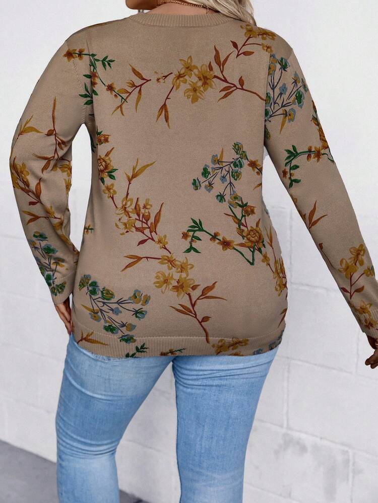 Plus Floral Pattern Sweater Knit Pullover Fall Winter Sweater