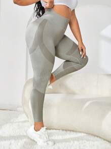 Yoga Basic 大碼條紋印花寬腰帶運動打底褲 - 灰色 - 查看 3