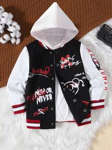 SHEIN Young Boy Slogan & Cartoon Graphic Striped Trim Varsity Jacket - Multicolor - View 2