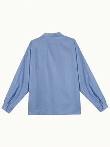 Solid Asymmetrical Neck Button Detail Blouse - Blue - View 2