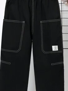 SHEIN Cậu bé Tween Chi tiết Patched thư Khâu trên cùng Quần chân thẳng - màu đen - Xem 5