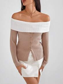 SHEIN Privé Off Shoulder Foldover Off Shoulder Ribbed Knit Sweater