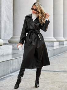Firerie Lapel Neck Double Breasted Belted PU Leather Coat In Fall/Winter - Black - View 4