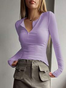 DAZY Half Button Ribbed Knit Tee,Fall Clothes,Back To School Clothes Long Sleeve Women Tops - Mauve Purple - View 3