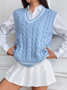 SHEIN Qutie 1pc Striped Trim Cable Knit Sweater Vest - Blue and White - View 7