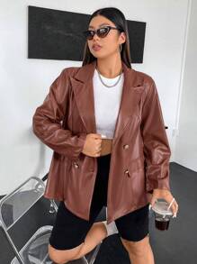 Flirla 大碼西裝領雙排釦亮面西裝外套 - 棕色 - 查看 6