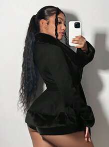 SHEIN SXY Plus Size Casual Solid Color Fuzzy Jacket, Autumn Winter Fall - Black - View 2